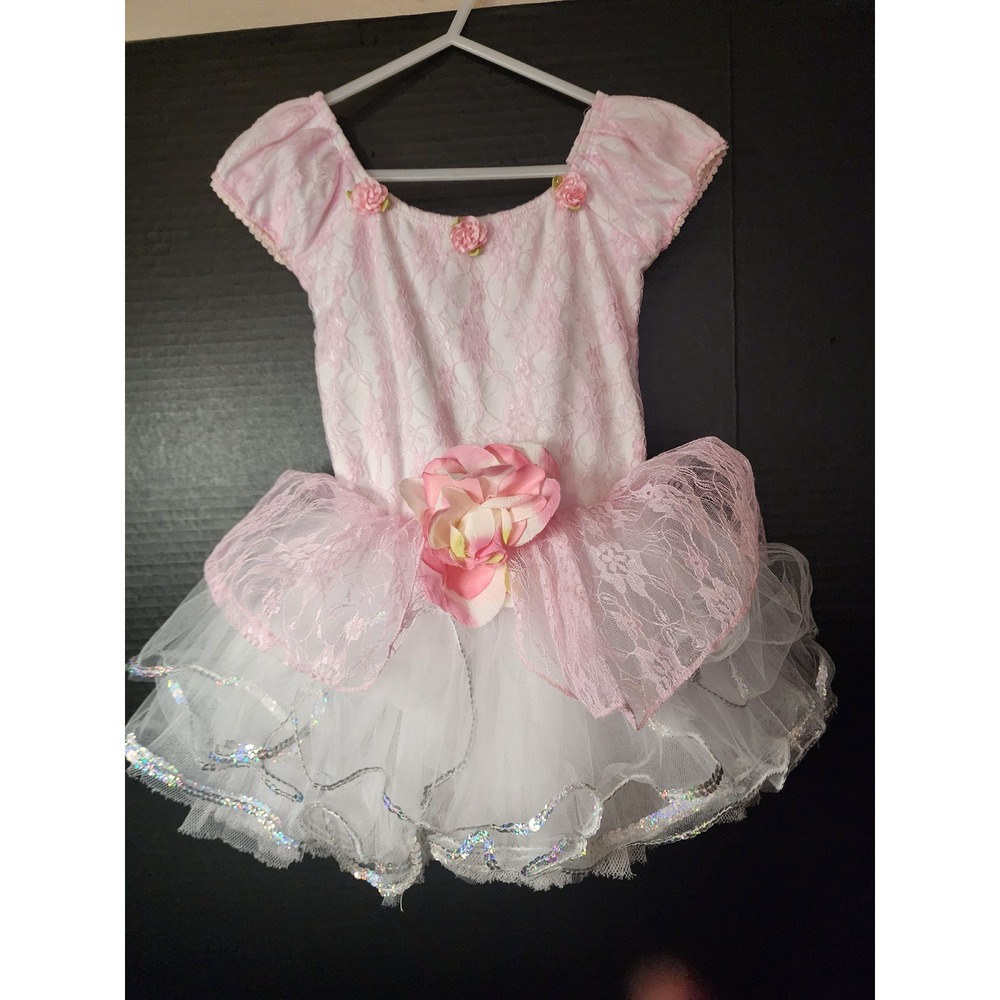 Popatu Girls Pink Lace Tutu Dress White Tulle Sequin Trim Floral Rosette Medium